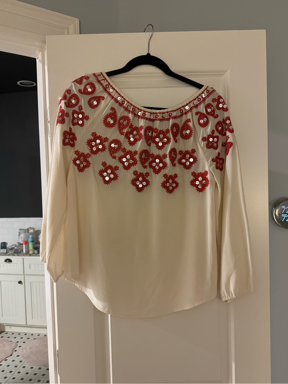 Tory Burch Cream Blouse with Red Embroidered Yoke - Picture 5 of 9